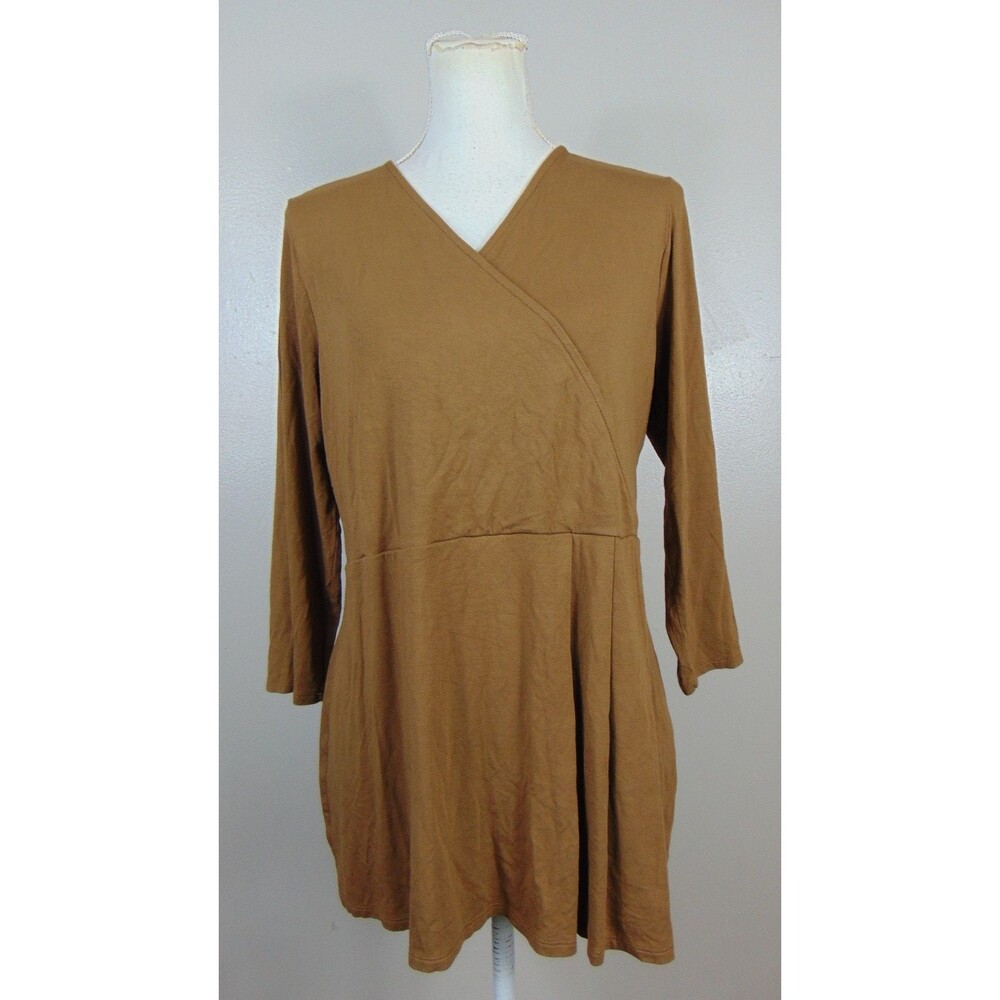 J. Jill Womens Medium Brown Faux Wrap Tunic Top 3/4 Sleeve Stretch Blouse - Picture 2 of 9